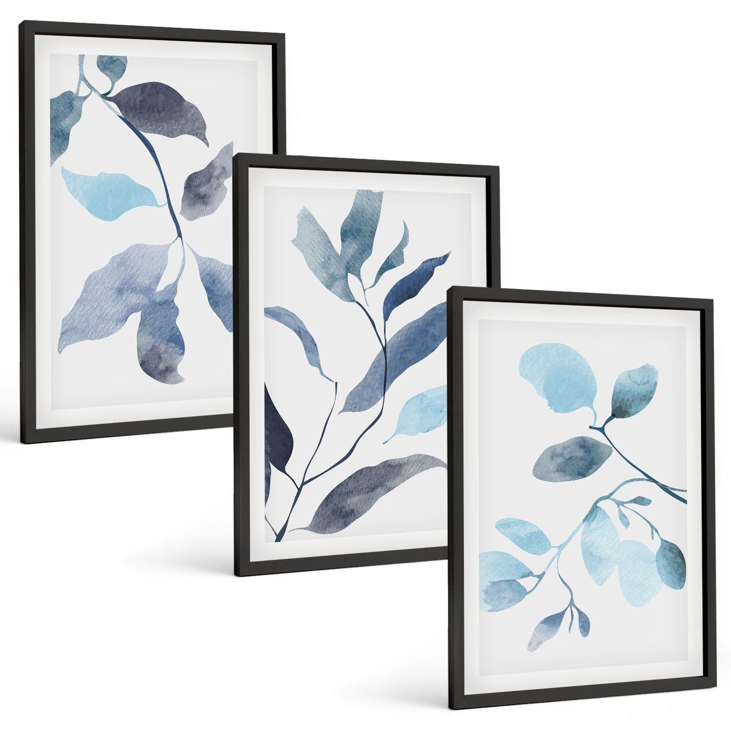 BILDER SET 3er Set - 40x60 cm Schwarzer Rahmen - Aquarell von blauen Blättern - Schwarz, Kunststoff (40/60cm) - TULUP