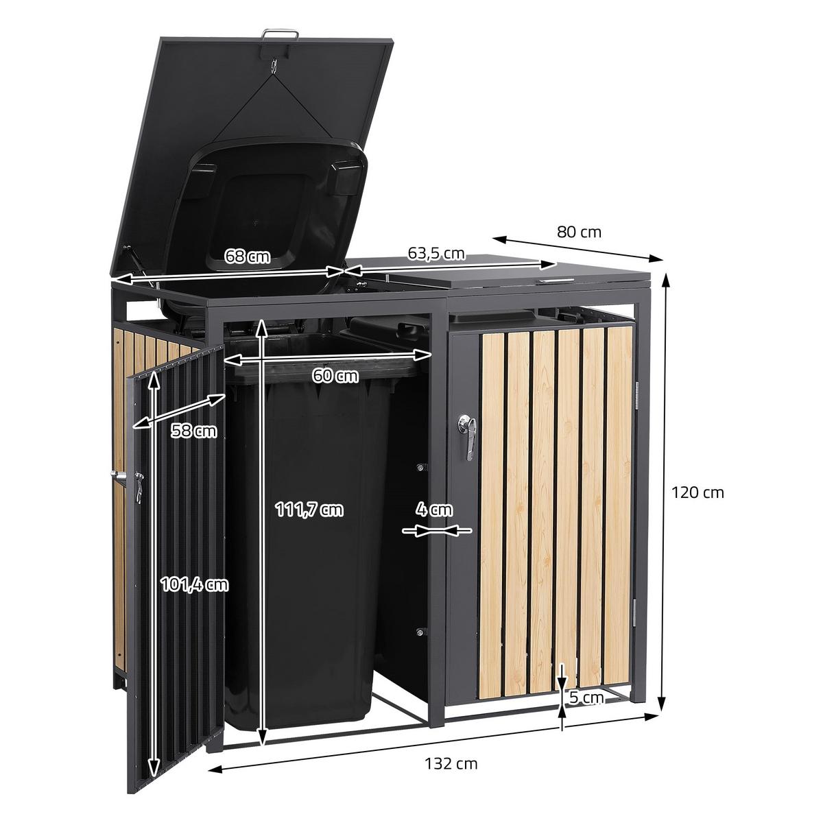 MÜLLTONNENBOX 4er Anthrazit-Holzoptik - Naturfarben, Metall (264/120/80cm) - ML-DESIGN