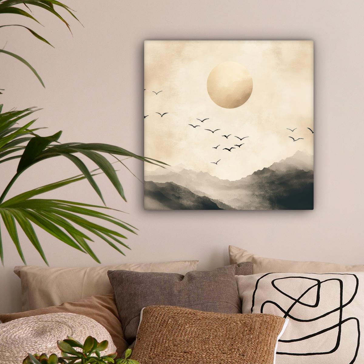 LEINWANDBILD Landschaft - Japandi - Vogel Wandbild Wohnzimmer 50x50 cm - Beige, Textil (50/50cm) - MuchoWow