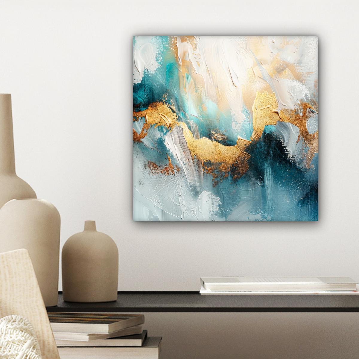 LEINWANDBILD Abstrakt - Kunst - Gold - Blau Deko Wohnzimmer 20x20 cm - Petrol, Textil (20/20cm) - MuchoWow