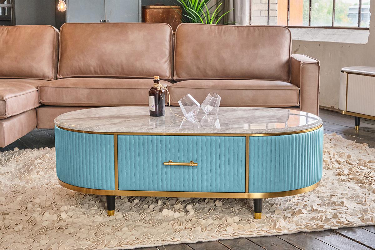 COUCHTISCH MARIA Hellblau Marmor, Kunstleder - Schwarz/Hellblau, Stein/Metall (70/130/45cm) - KAWOLA