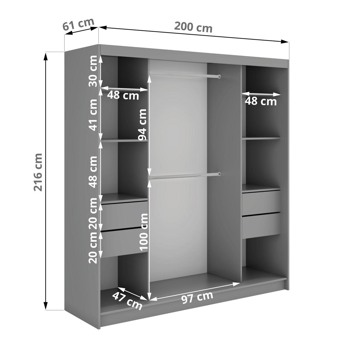 SCHWEBETÜRENSCHRANK mit Spiegel und Schubladen - WALENCJA - 240 - Grau lacobel - Alufarben/Grau, Holzwerkstoff/Metall (240/216/61cm) - MKS
