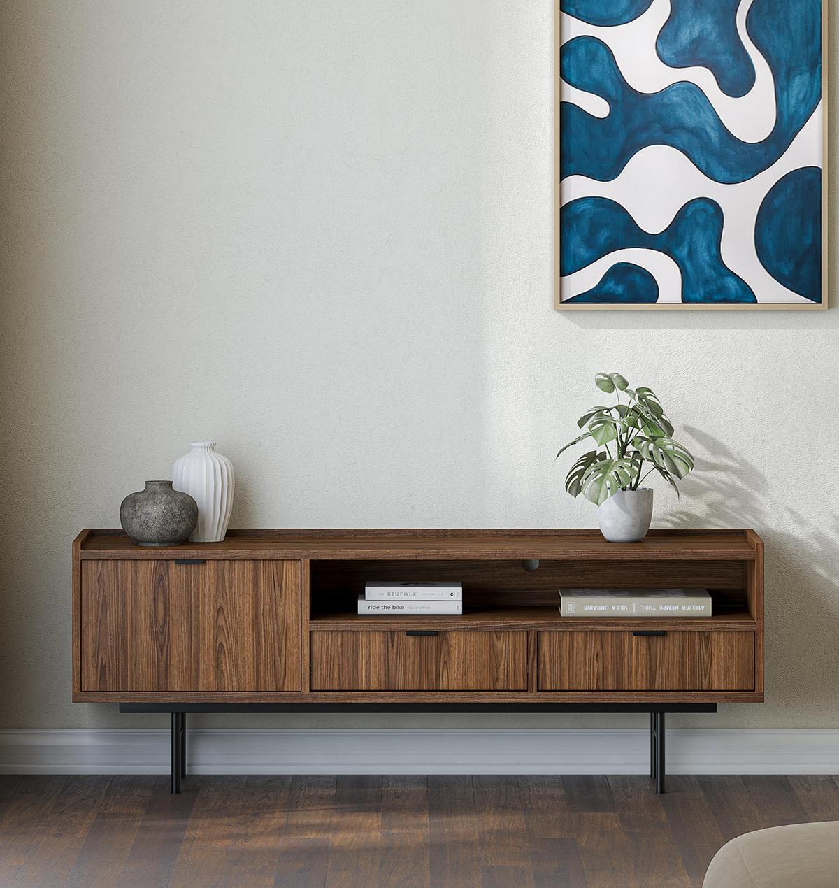 LOWBOARD Nordiva 1T 2S Warmia Walnut 150/55/40 cm – Metallgestell - Walnussfarben/Schwarz, Holzwerkstoff/Metall (155/55/40cm) - AX Living