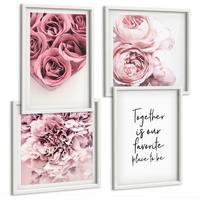 BILDER SET 4er Set - 50x50 cm & 40x60 cm Weißer Rahmen - Blumensträuße mit Rosen, Hausinschrift - Weiß, Kunststoff (50/50cm) - TULUP