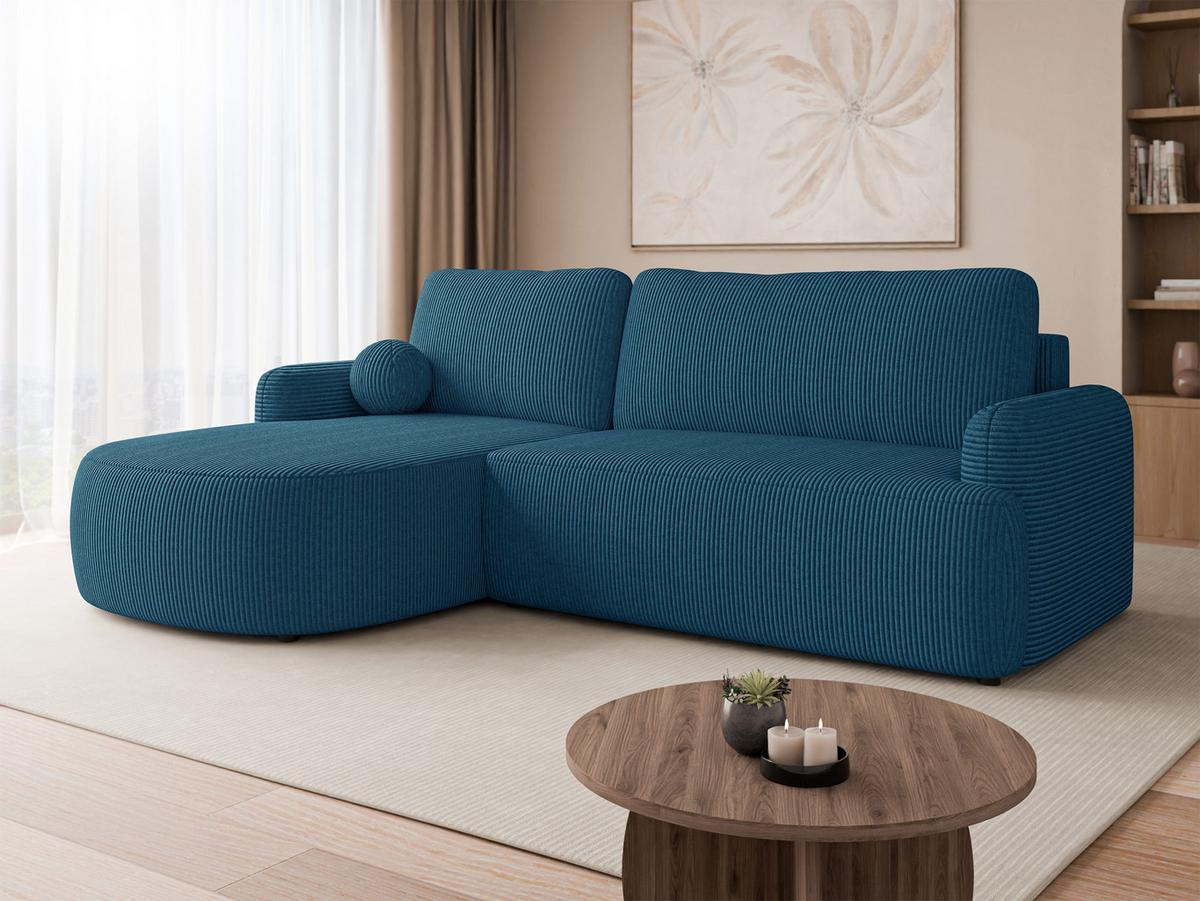 ECKSOFA Loridu Cord, Seite: Links - Blau/Schwarz, Holz/Kunststoff (250/174cm) - MIRJAN24