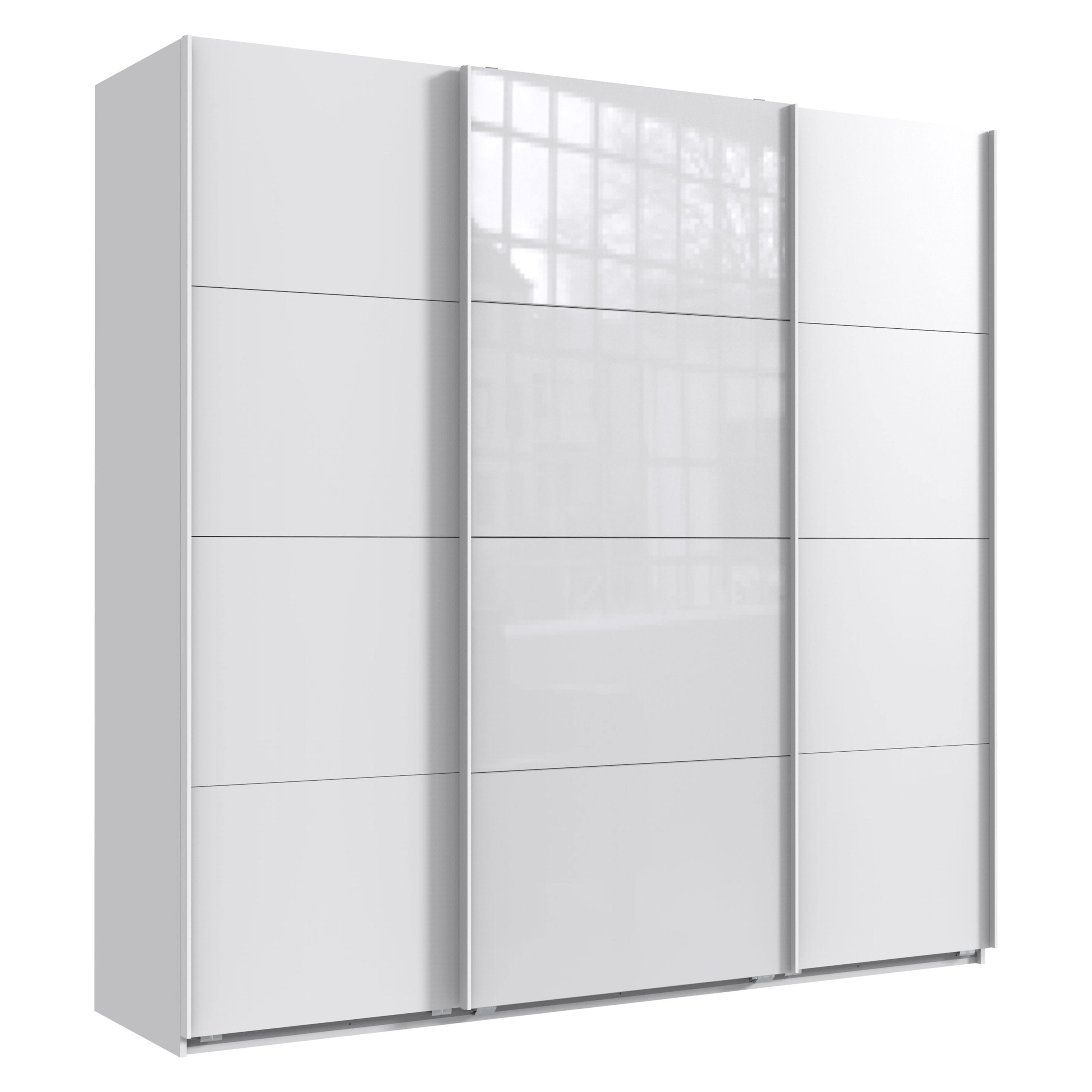 SCHWEBETÜRENSCHRANK 3-türig B225/H236/T64 cm extrahoch in Weiß, Kleiderschrank mit einer Glasfront-Tür in Weiß, / 22542 - Goldfarben/Weiß, Holzwerkstoff/Metall (225/236/64cm) - luma-home