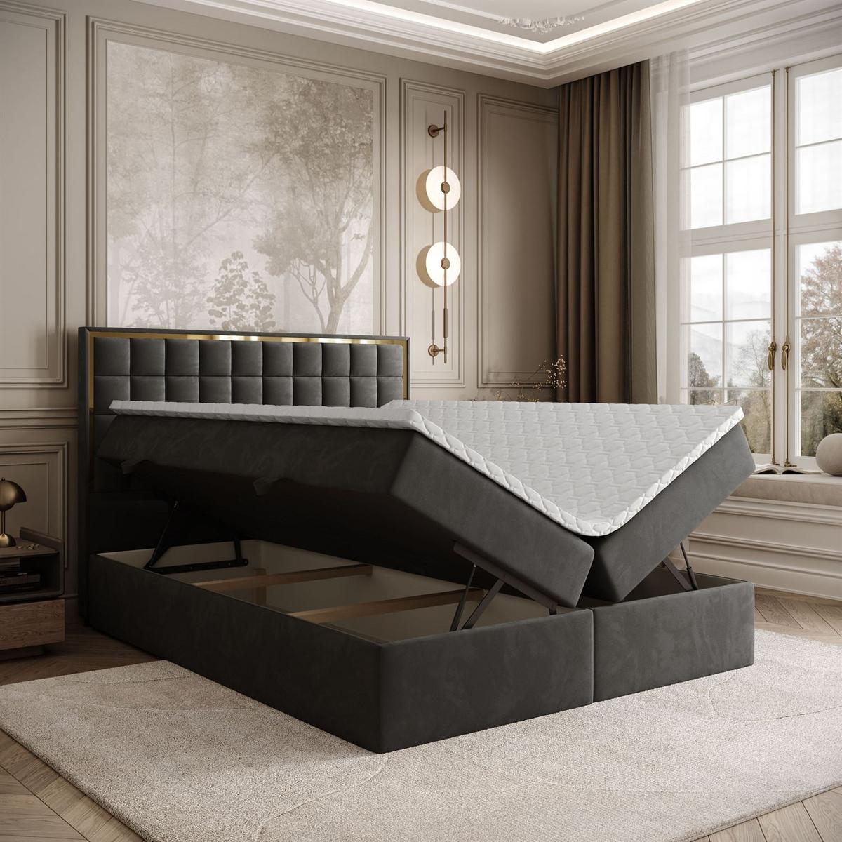 BOXSPRINGBETT ISADORA GOLD mit Bettkasten und Topper 160x200 cm Royal Velvet 185 - Graphitfarben, Textil - Lookway