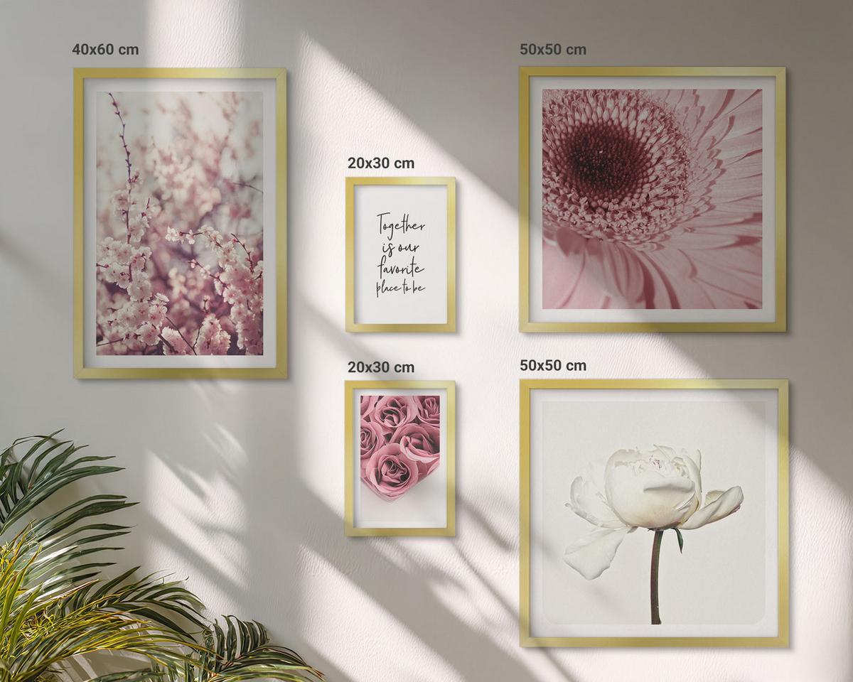BILDER SET 5er Set - 50x50 cm & 20x30 cm & 40x60 cm Goldrahmen - Blumensträuße mit Rosen, Hausinschrift - Goldfarben, Kunststoff (40/60cm) - TULUP