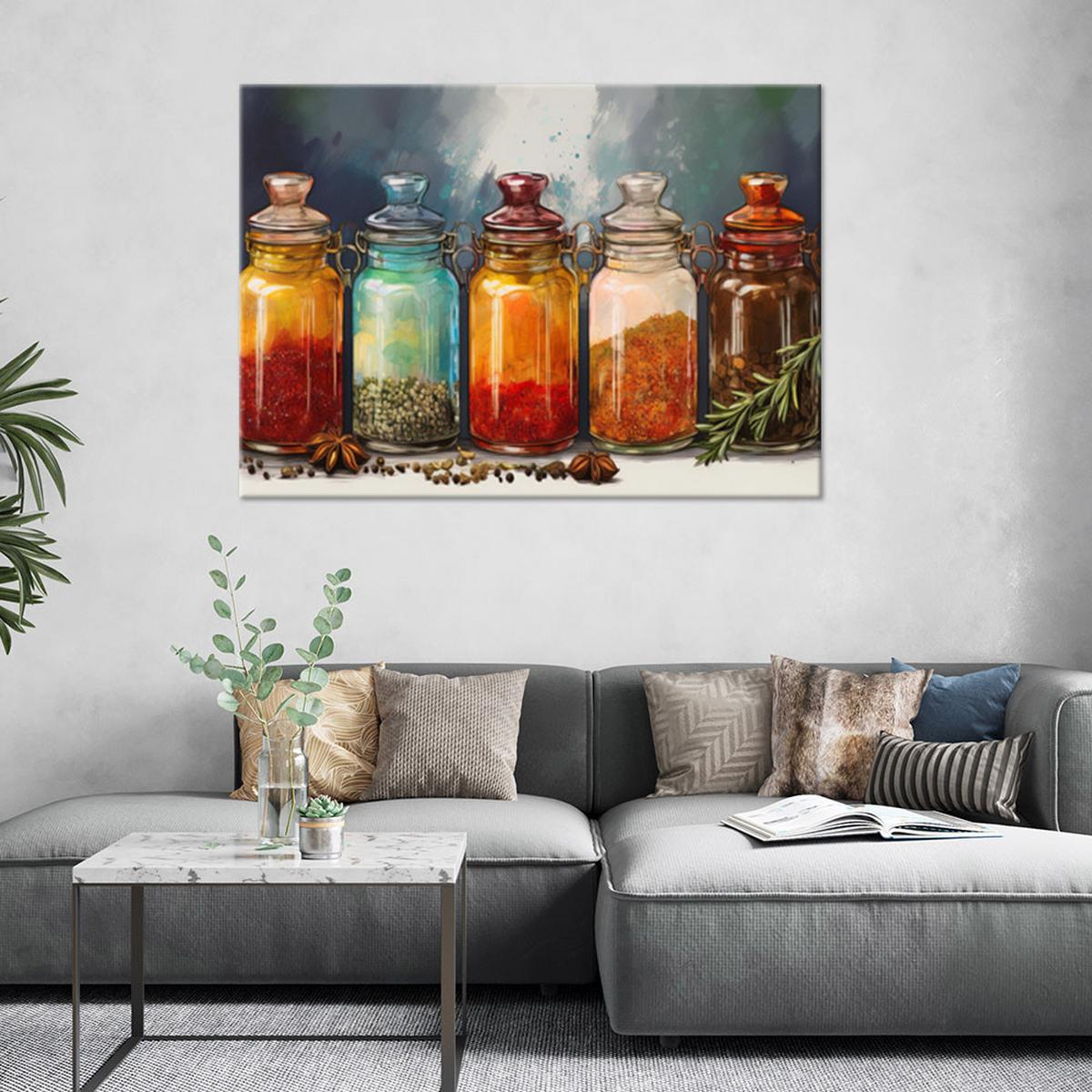 LEINWANDBILD Gewürze und Kräuter in Flaschen 100x70cm - Multicolor, Textil (100/70cm) - Feeby