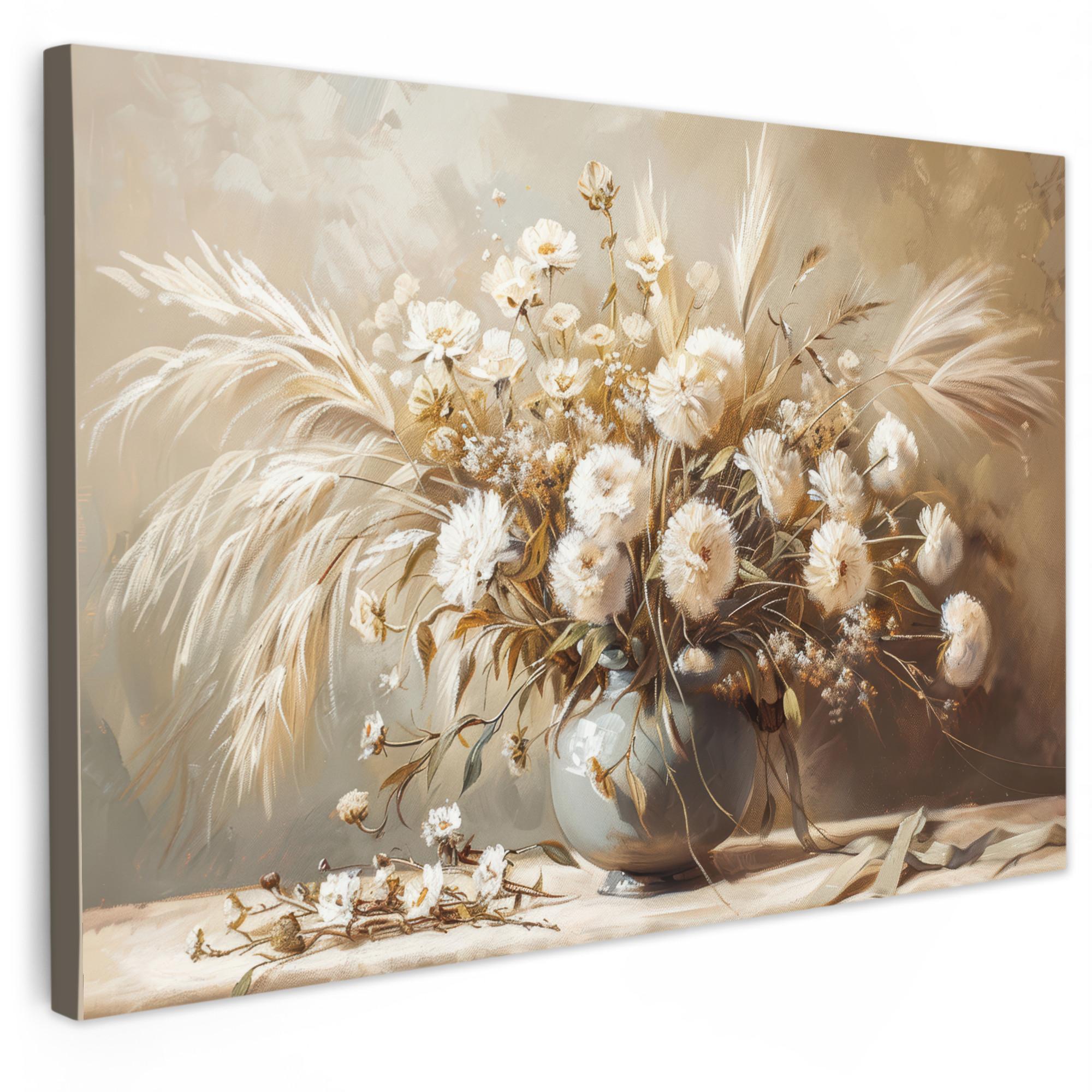 LEINWANDBILD Blumen - Vase - Stilleben - Beige Wanddeko 90x60 cm - Creme, Textil (90/60cm) - MuchoWow