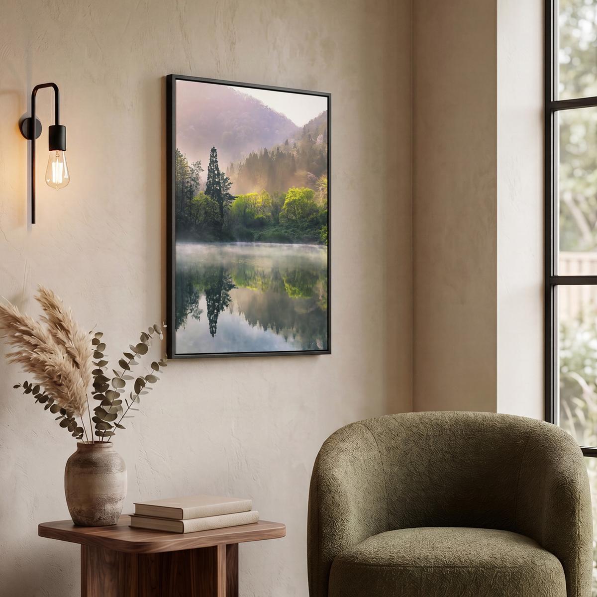 LEINWAND Bilder mit Rahmen - Natur - Bäume - Berge - See - Wasser - 60x80 - Hellgrün, Textil (60/80cm) - MuchoWow