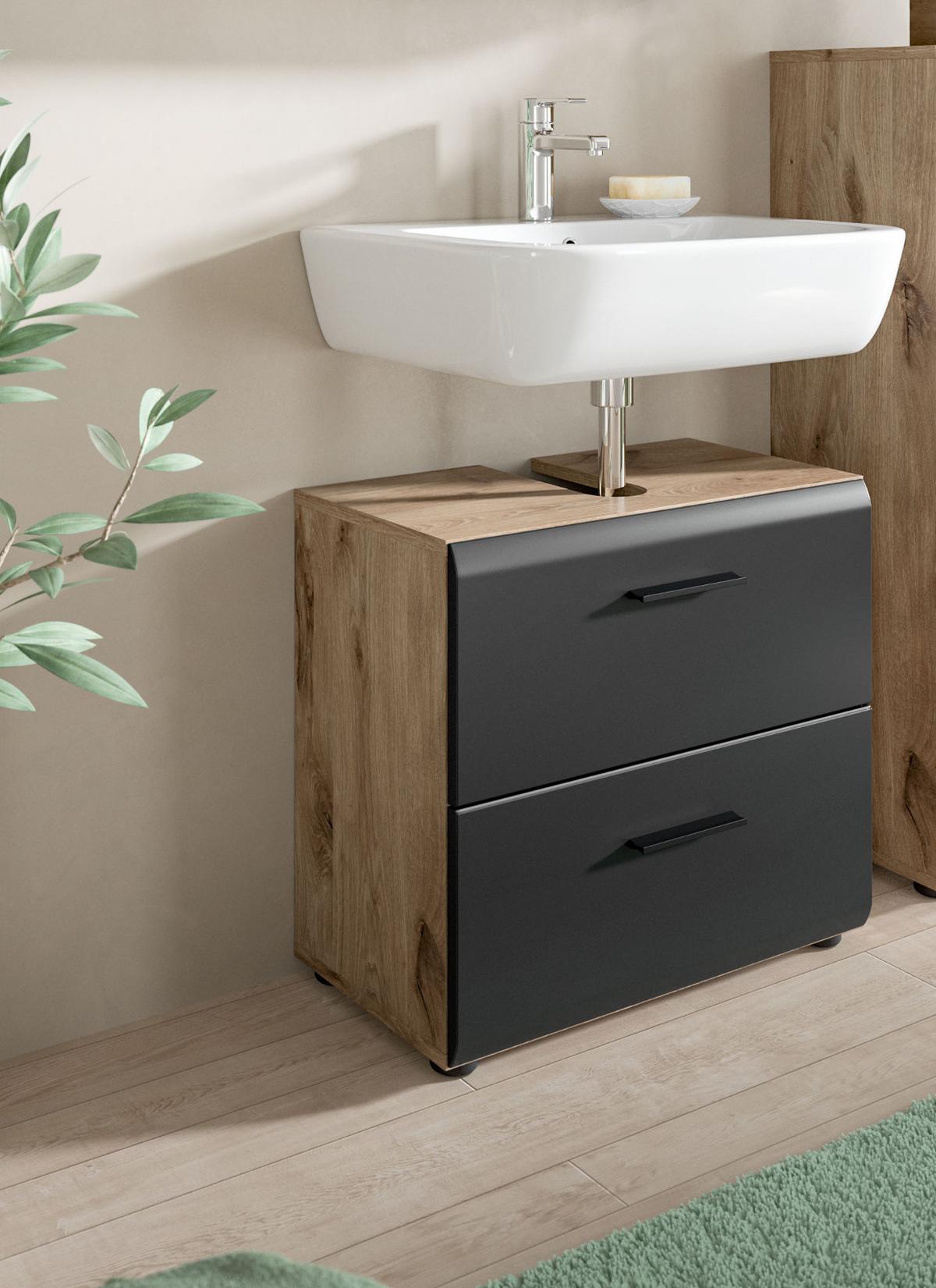 WASCHBECKENUNTERSCHRANK Schwarz matt, Eiche 60 cm, Unterschrank mit Schubladen - Eichefarben/Schwarz, Holzwerkstoff/Kunststoff (60/54/30cm) - Inn.Furn