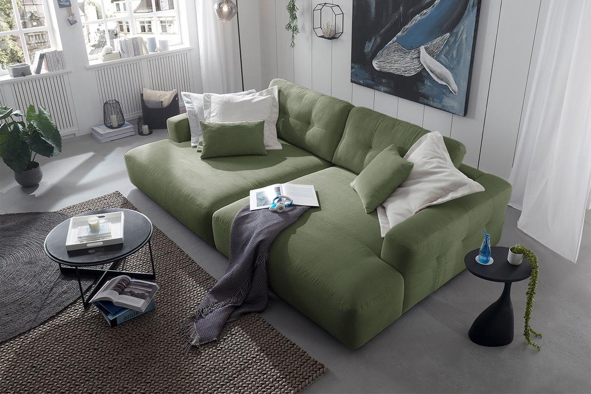 BIG SOFA MIKA Grün Cord - Schwarz/Olivgrün, Kunststoff/Textil (300/86/167cm) - KAWOLA