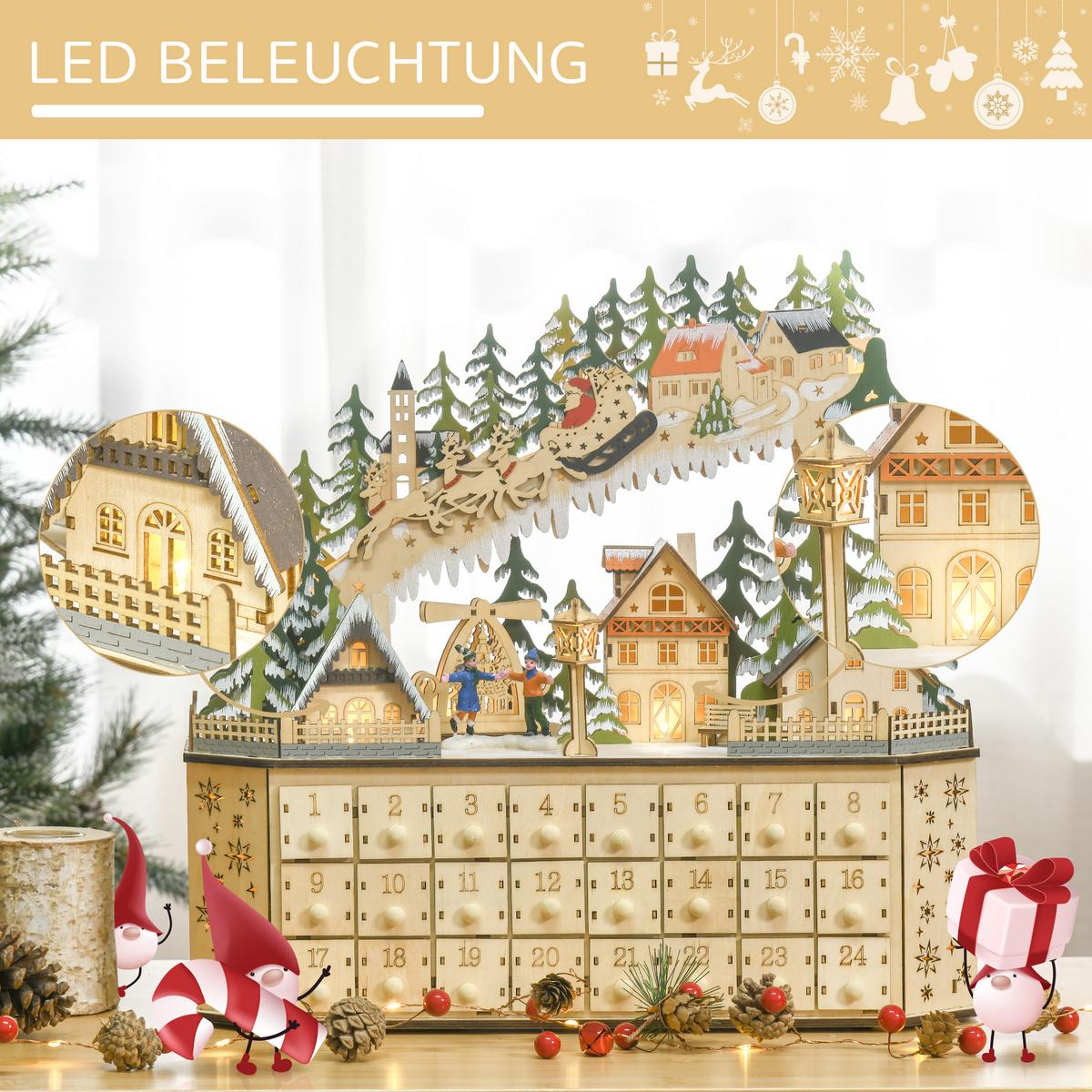 ADVENTSKALENDER Weihnachtskalender 24 Schubladen mit LED-Lichtern MDF Naturholz - Naturfarben, Kunststoff (13/43/45cm) - HOMCOM
