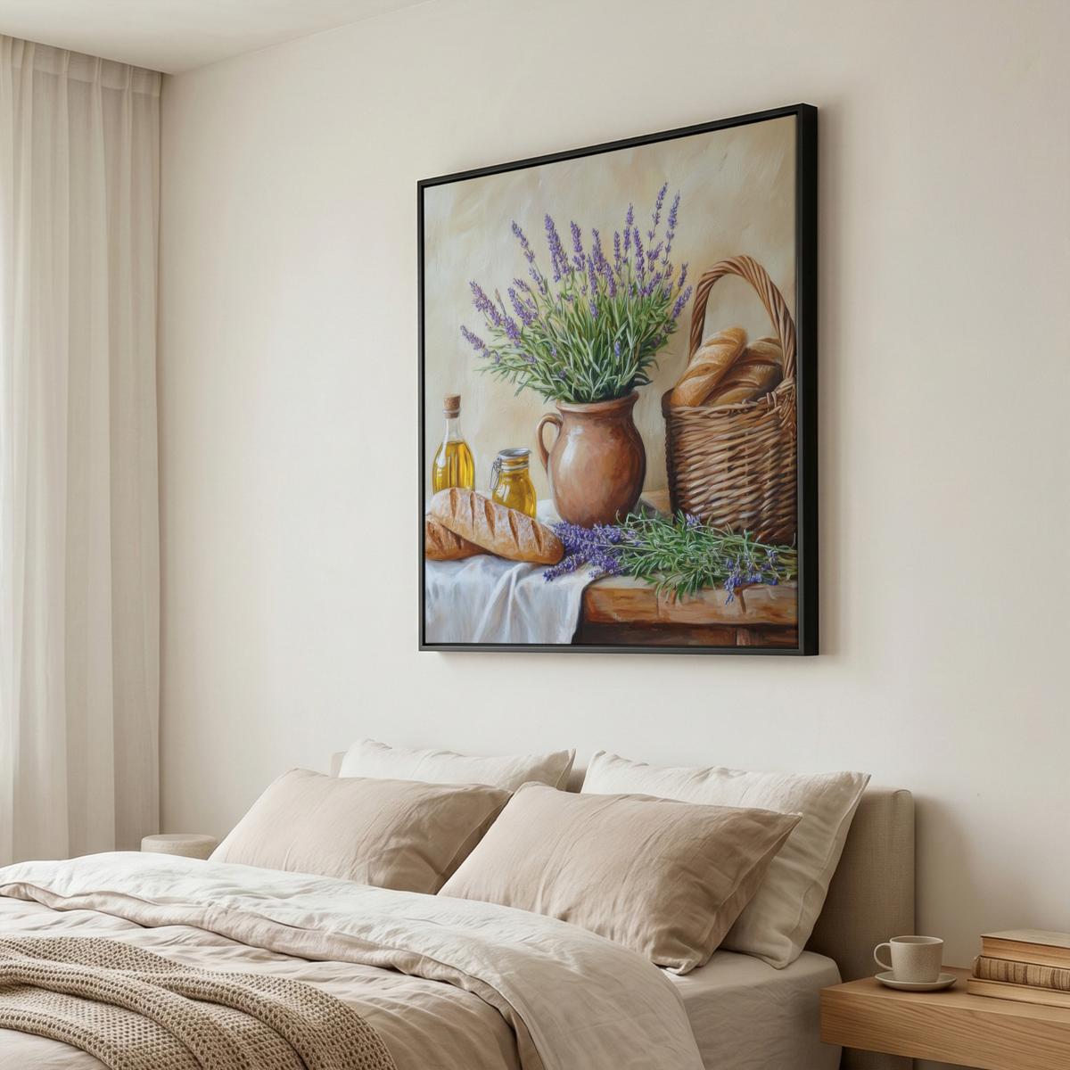 LEINWAND Bilder mit Rahmen - Lavendel - Brot - Stilleben - 90x90 - Flieder, Textil (90/90cm) - MuchoWow