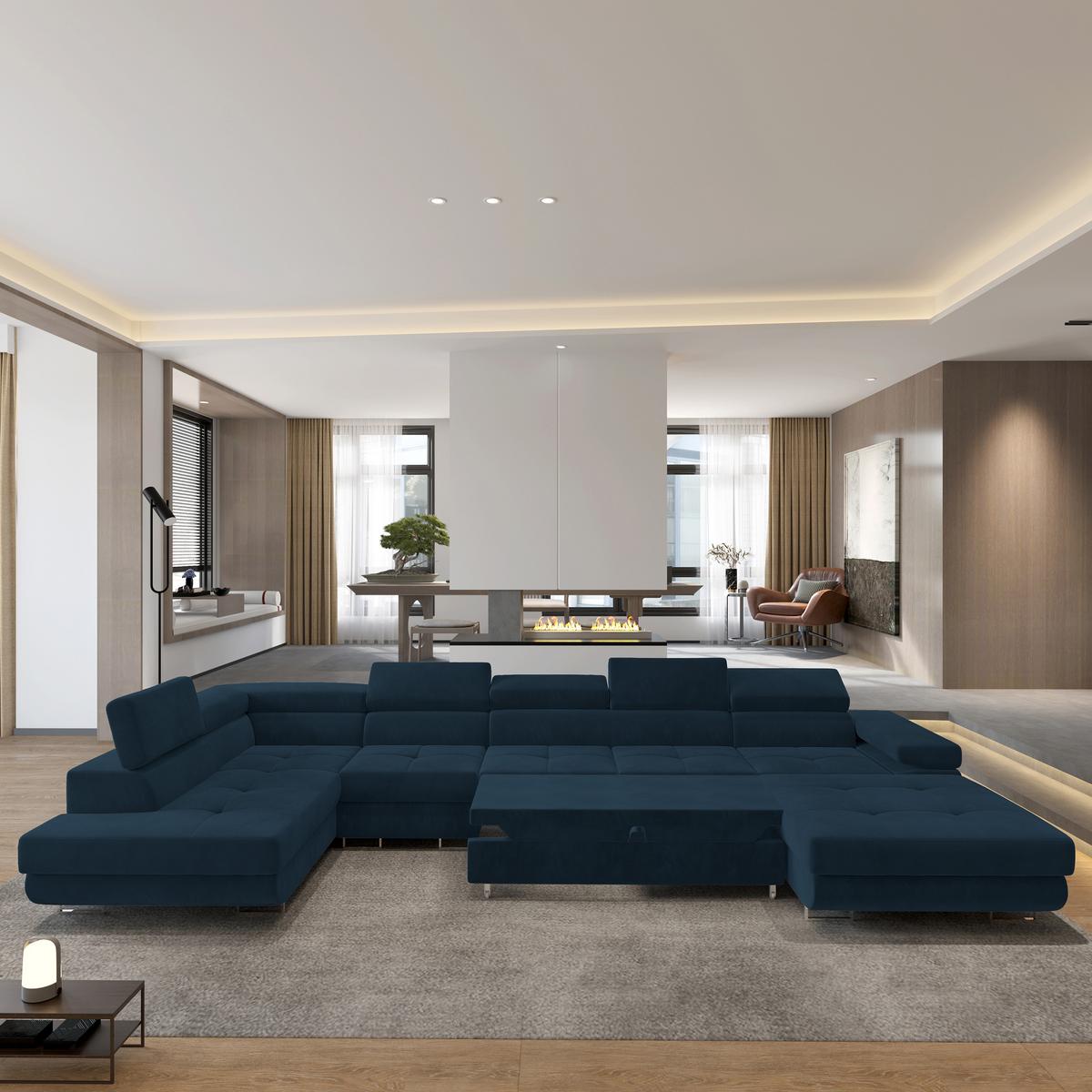 WOHNLANDSCHAFT VELORA L-S Blau Velours-Stoff mit Schlaffunktion - Blau, Holz (419/90/202cm) - MASSENO