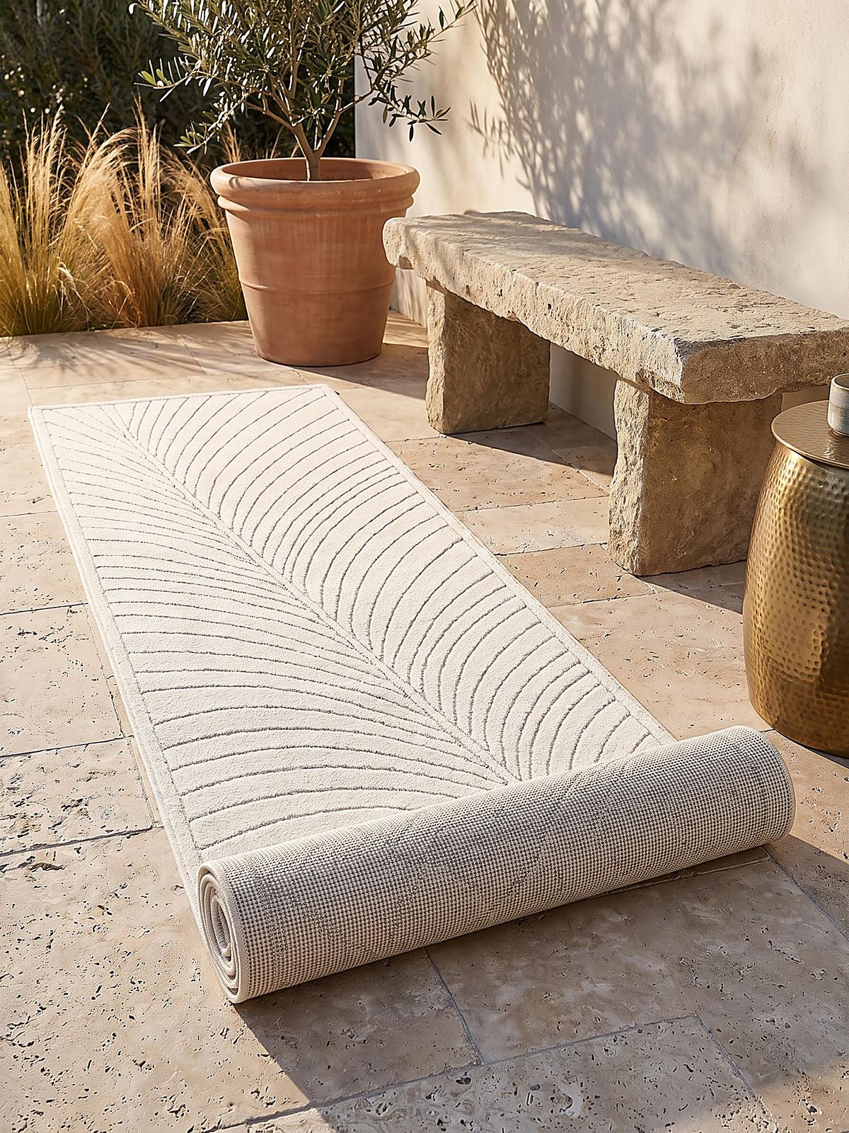 LÄUFER Outdoor, Fußbodenheizung-geeignet, mit Blattmotiv, aus Polypropylen, ENGADIN in Creme, 80 x 250 cm - Beige, Textil (80/250cm) - KADIMA DESIGN