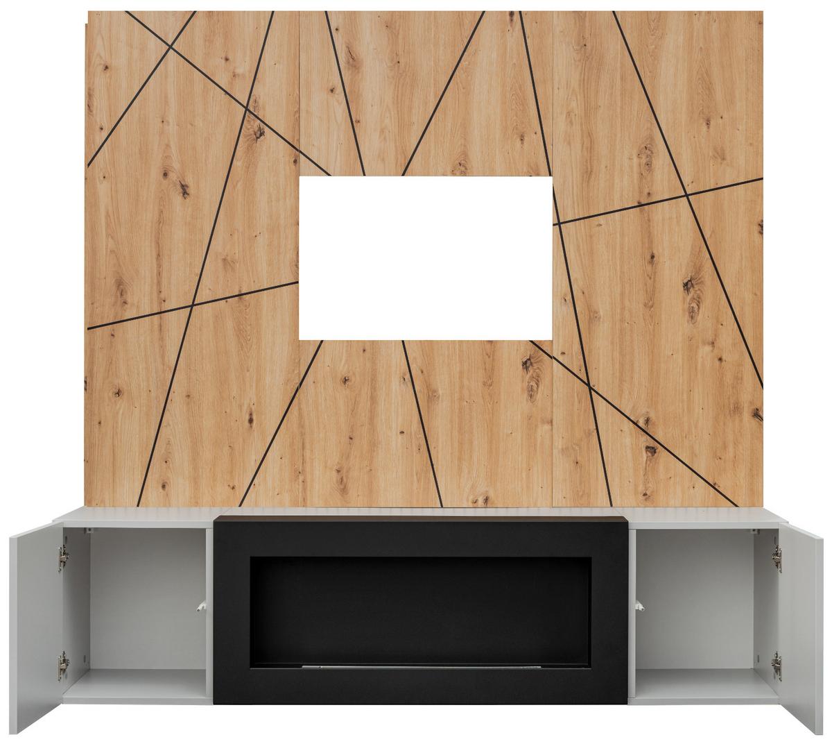 TV-LOWBOARD grau, Eiche Artisan, TV-Unterschrank 160 cm Set mit Ethanol Kamin und Akustikpaneel - Hellgrau/Schwarz, Glas/Holzwerkstoff (160/148/35cm) - Inn.Furn