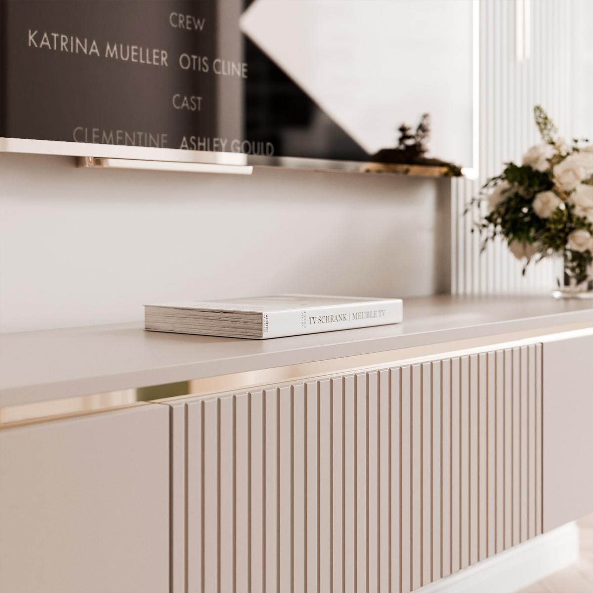 HÄNGENDER, geriffelter TV-Schrank SELIA 200 cm, Kaschmir mit goldener Zierleiste und LED-Beleuchtung - Kaschmir, Holzwerkstoff (200/28.5/35cm) - Idohome