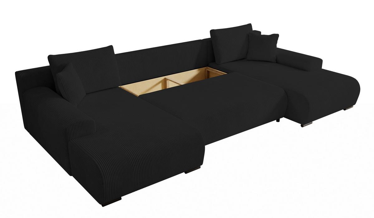WOHNLANDSCHAFT Nelly U mit Bettkasten und Schlaffunktion, Cordstoff in U-Form - Schwarz, Textil (349/80/185cm)