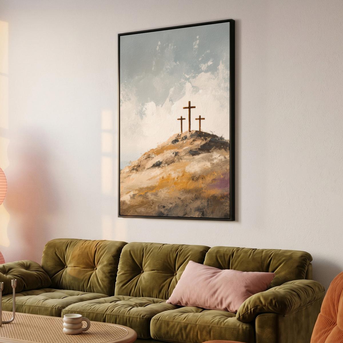 LEINWAND Bilder mit Rahmen - Hügel - Abstrakt - Christentum - Kreuz - 90x140 - Hellgrau, Textil (90/140cm) - MuchoWow