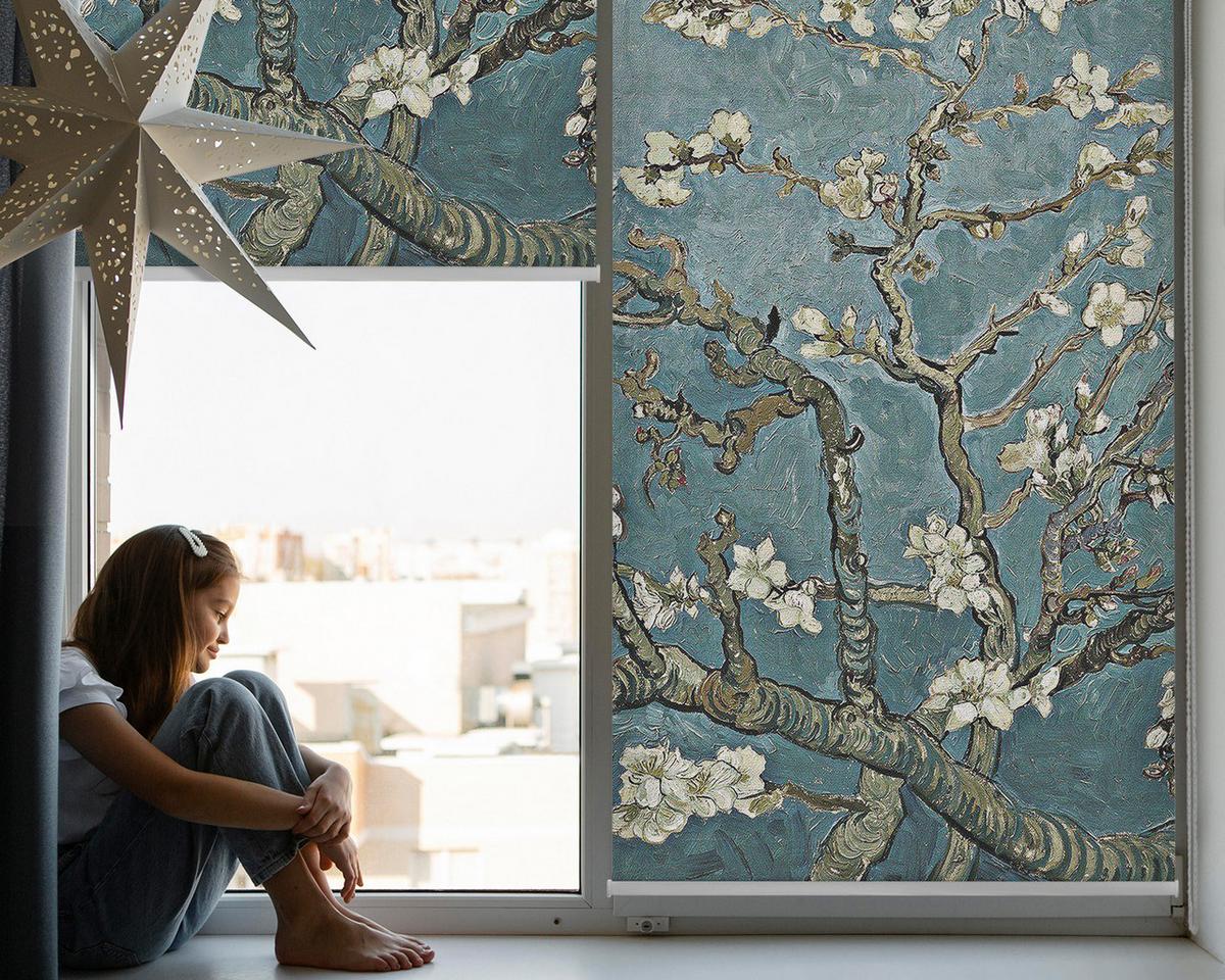 INNENROLLO - Fensterrollo - Rollo - 90x180 cm - Zweige auf blauem Hintergrund - Blau, Kunststoff (90/180/0.5cm) - TULUP