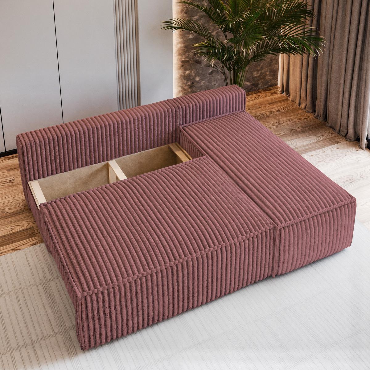 ECKSOFA BRISO T Rosa Kordstoff mit Schlaffunktion - Rosa/Grau, Holz/Kunststoff (200/140cm) - MASSENO