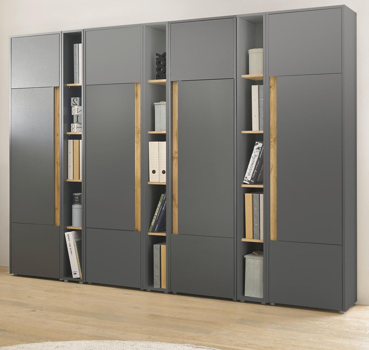 AKTENSCHRANK Set 7-teilig grau matt, Eiche Wotan 260 x 200 cm, Schrank-Regal-Kombination mit 35 Fächern - Eichefarben/Eiche Wotan, Holzwerkstoff/Kunststoff (260/200/40cm) - Furn.Design