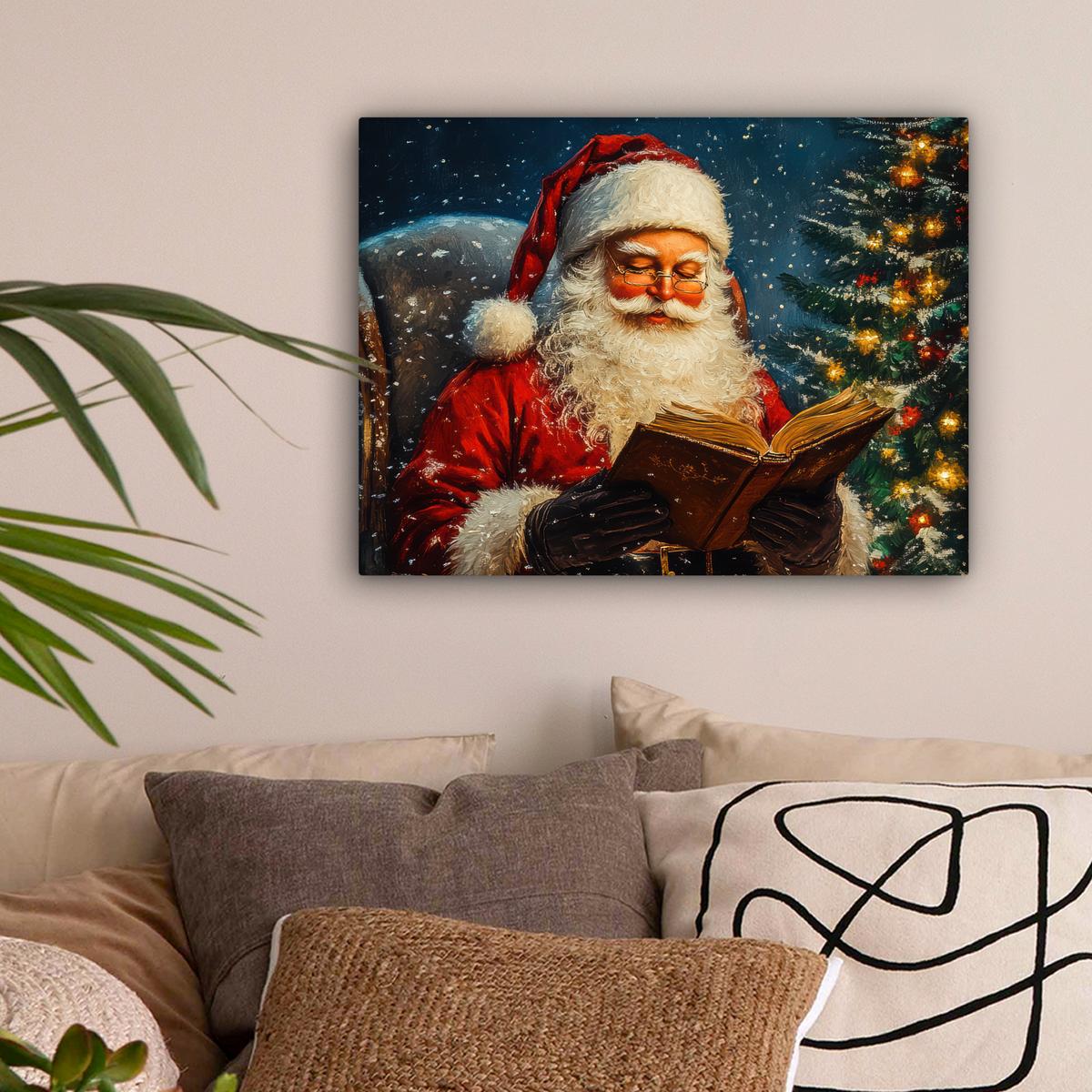 LEINWANDBILD Weihnachtsmann - Weihnachten - Winter - Weihnachtsbaum Wandbild 40x30 cm - Bordeaux, Textil (40/30cm) - MuchoWow