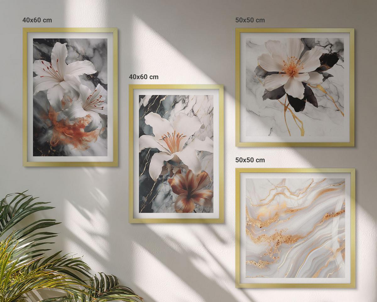 BILDER SET 4er Set - 50x50 cm & 40x60 cm Goldrahmen - Blumen Marmor weiß schwarz - Goldfarben, Kunststoff (50/50cm) - TULUP