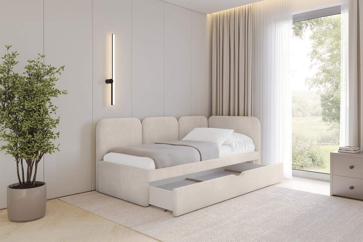 EINZELLBETT Jugendbett mit Bettkasten und Matratze H3/H4, Links - ALVY 100x200 Beige - Ecru, Holzwerkstoff/Textil (100/200cm) - ALTDECOR