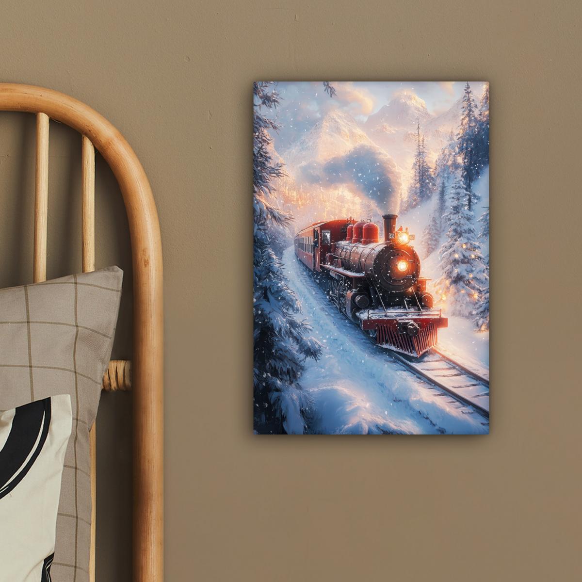 LEINWANDBILD Weihnachtszug - Schnee - Winter - Weihnachten Deko Wohnzimmer 20x30 cm - Dunkelrot, Textil (20/30cm) - MuchoWow