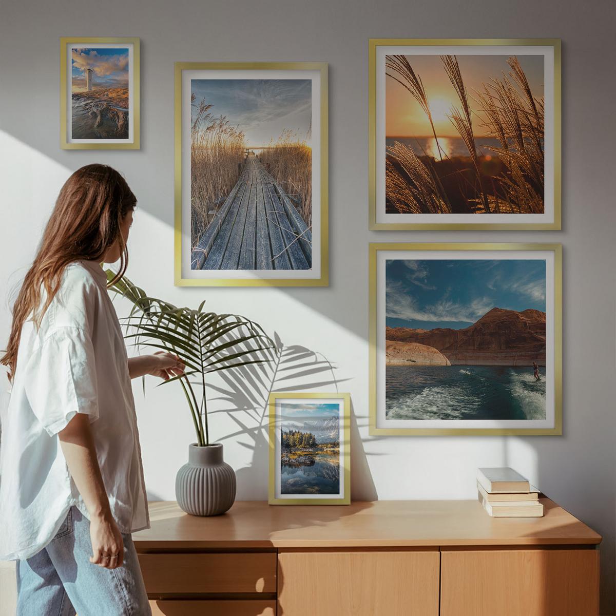 BILDER SET 5er Set - 50x50 cm & 20x30 cm & 40x60 cm Goldrahmen - Leuchtturm-Grassteg - Goldfarben, Kunststoff (40/60cm) - TULUP