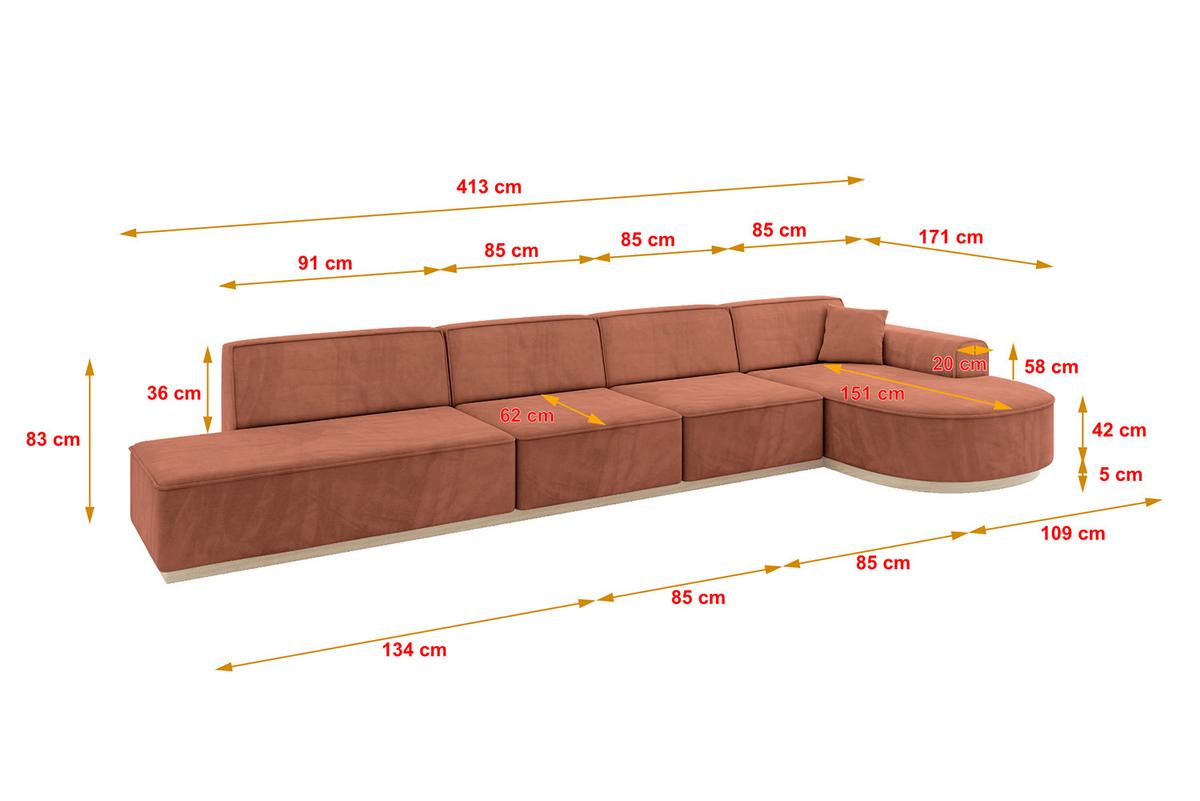 ECKSOFA Ottomane Rechts ARRIO-L3 - 413x171x83 cm Apricot - Koralle, Holzwerkstoff/Textil (413/171cm) - ALTDECOR