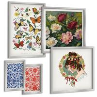 BILDER SET 5er Set - 50x50 cm & 20x30 cm & 40x60 cm Silberner Rahmen - Vintage-Blumen-Schmetterlings-Ornamente - Silberfarben, Kunststoff (40/60cm) - TULUP