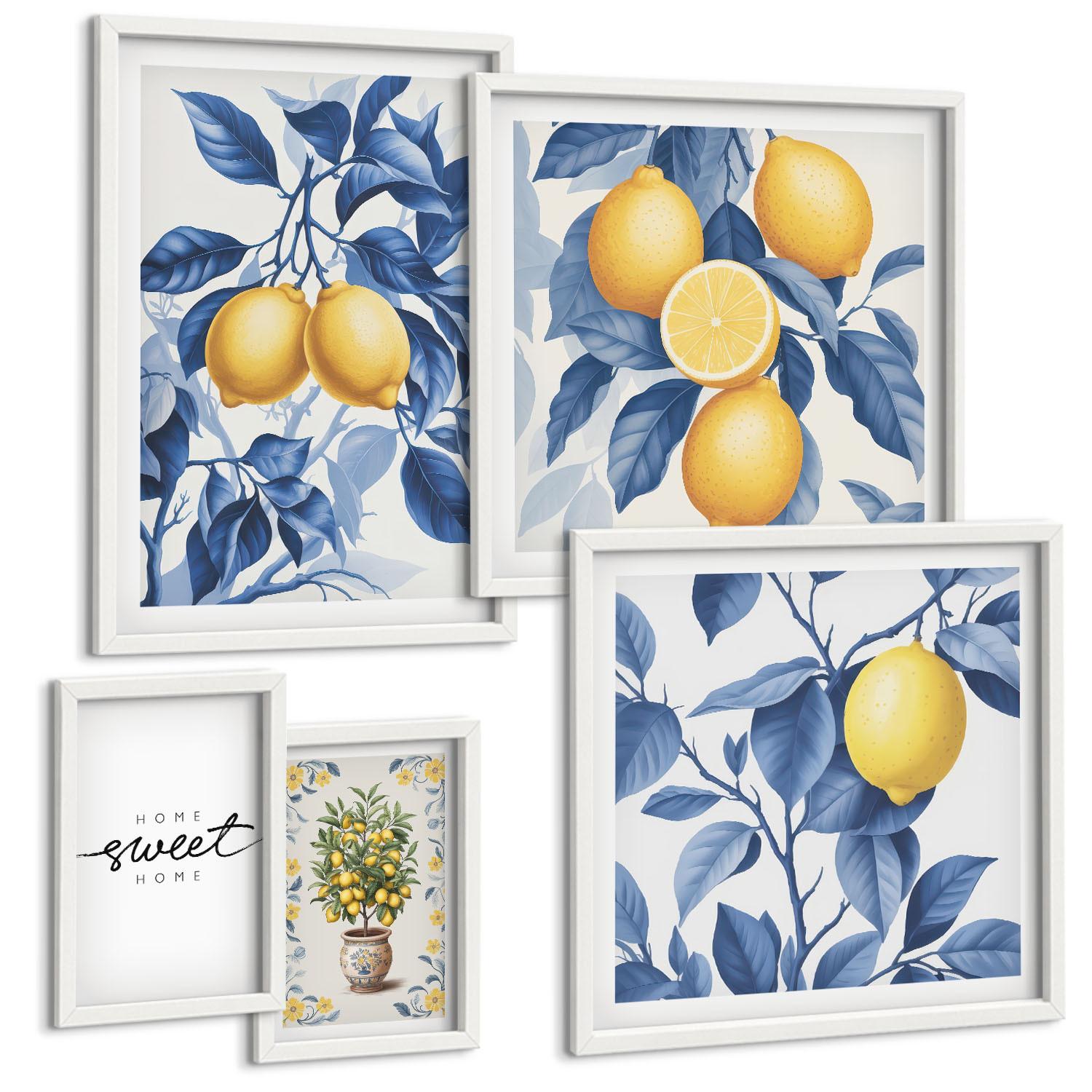 BILDER SET 5er Set - 50x50 cm & 20x30 cm & 40x60 cm Weißer Rahmen - Zitronenzweige mit blauen Blättern - Weiß, Kunststoff (40/60cm) - TULUP