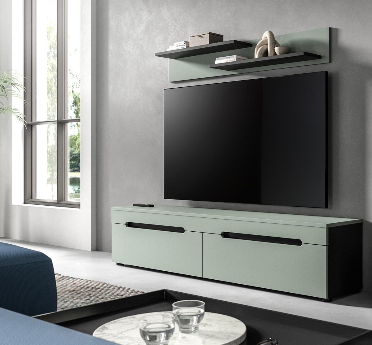 WOHNKOMBINATION Salbei grün, grau, 2er Set Lowboard 170 cm und Wandboard - Salbeigrün/Schwarz, Holzwerkstoff/Kunststoff (170/180/33cm) - Inn.Furn