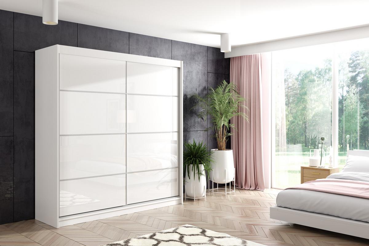 KLEIDERSCHRANK mit Lacobel-Schiebetüren und Aluminium-Leisten, LED-Beleuchtung - VIVI - 200 cm Weiß - Weiß, Holzwerkstoff (200/216/61cm) - ALTDECOR