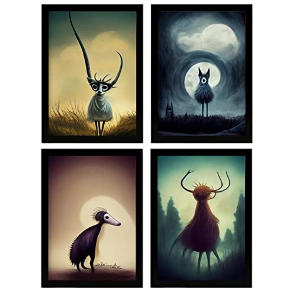 POSTER Set mit 4 Wald Tier im T Burton Goth Stil A4 Schwarzer Rahmen - Schwarz, Papier (29.7/3cm) - Nacnic