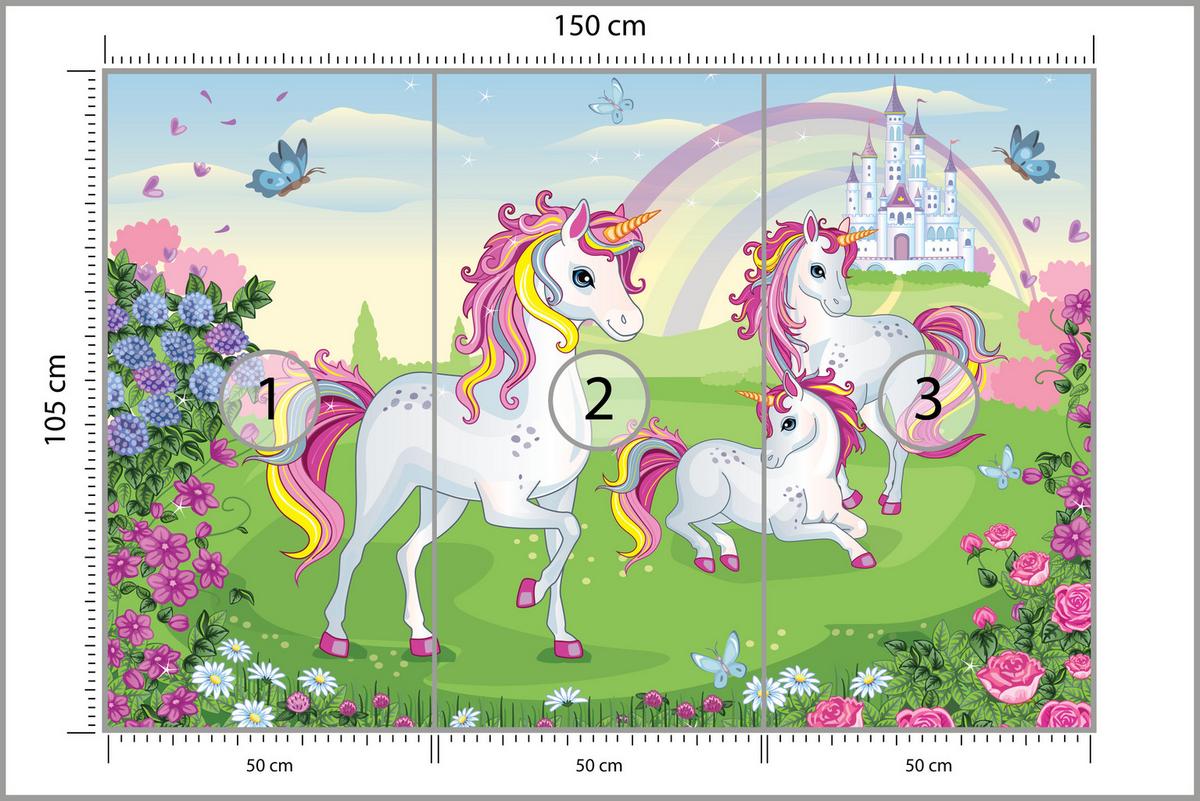 FOTOTAPETE für Kinderzimmer Einhorn Schloss Blumen Märchen 150x105 - Gelb/Violett, Papier (150/105cm) - Muralo
