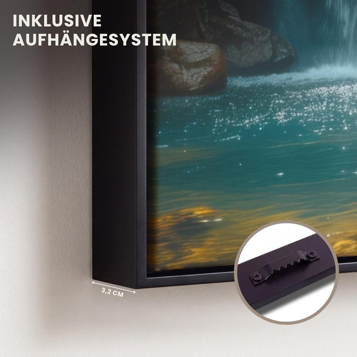 LEINWAND Bilder mit Rahmen - Wasserfall - Dschungel - Sonne - Grün - Natur - 50x70 - Grün, Textil (50/70cm) - MuchoWow