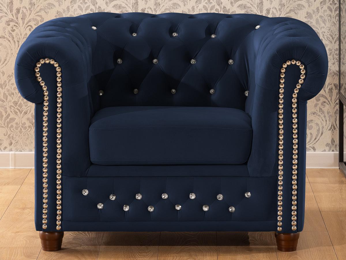 CHESTERFIELD-SESSEL Cleo Blink Marineblau Samt mit Kristallsteppung und braunen Massivholzfüßen - Blau/Beige, Holz/Textil (104/72/86cm) - S-Style Möbel