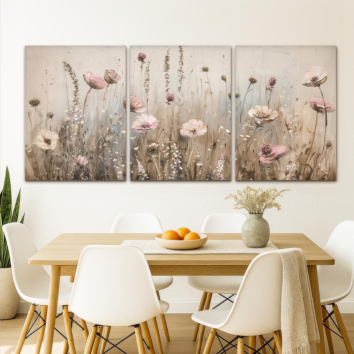 LEINWANDBILD 3er Set Blumen - Beige - Modern - Rosa 180x80 cm - Ecru, Textil (180/80cm) - MuchoWow