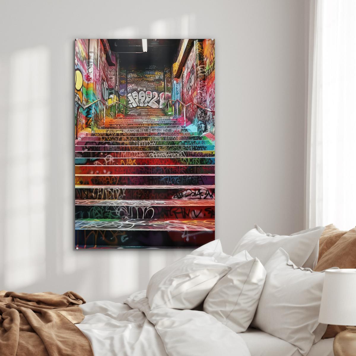 ACRYLGLASBILD Treppe - Graffiti - Farben - Kunst 80x120 cm - Multicolor, Glas (80/120cm) - MuchoWow