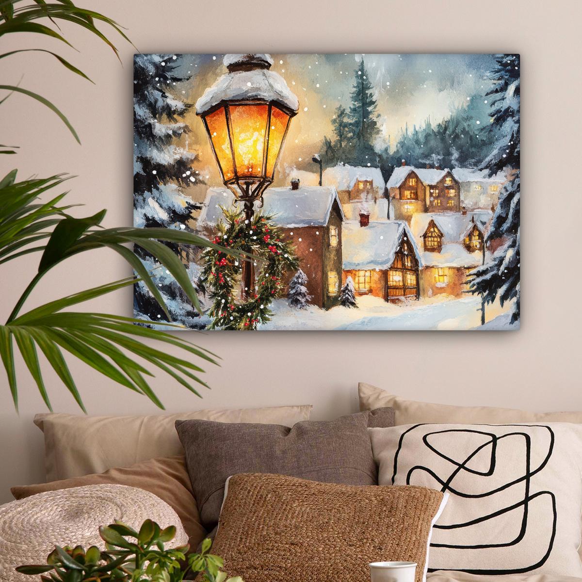 LEINWANDBILD Weihnachtsdorf - Häuser - Schnee - Weihnachten Wandbilder 80x60 cm - Sandfarben, Textil (80/60cm) - MuchoWow