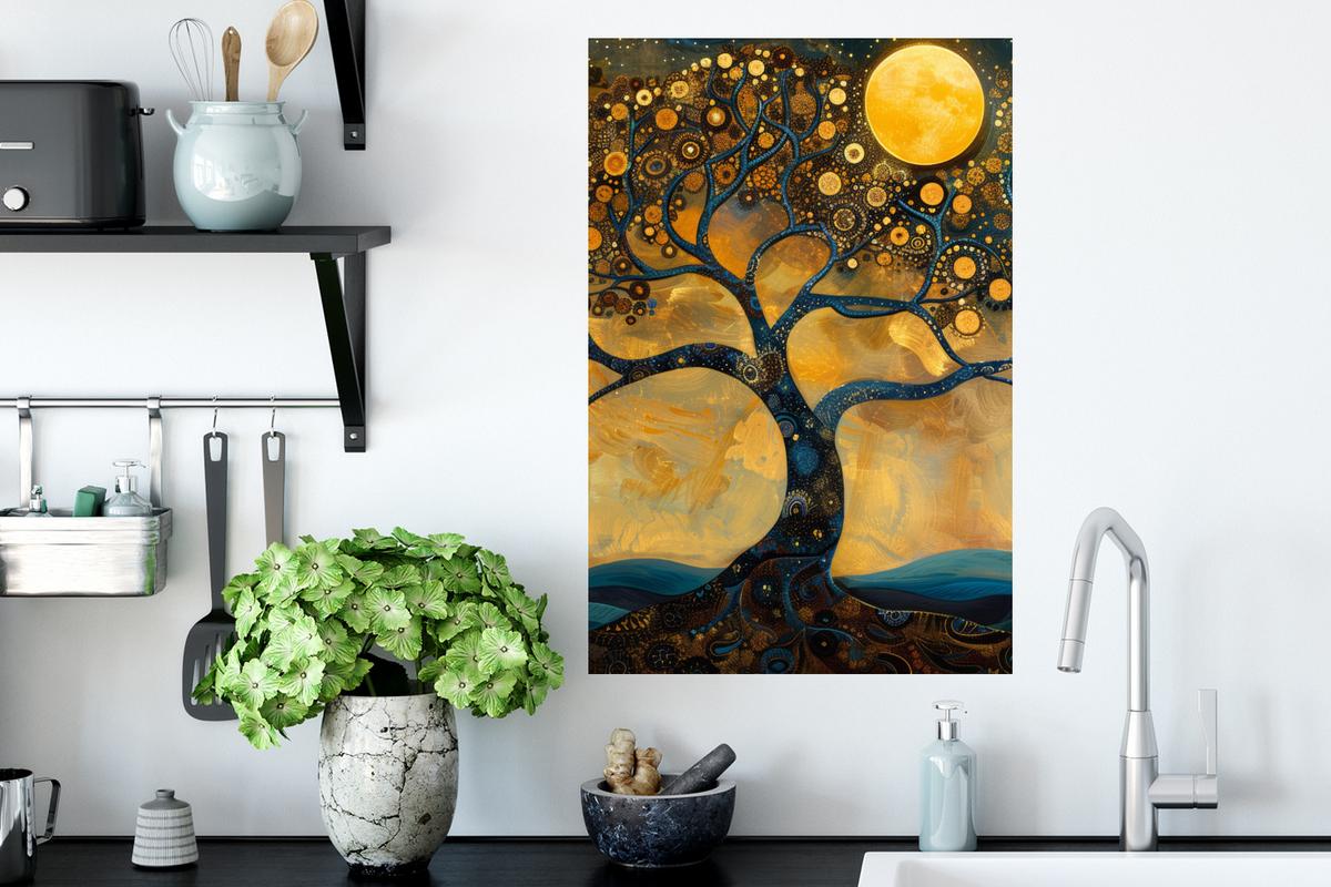 WANDTATTOO Baum - Mond - Blumen - Gold - Kunst Wandbild 40x60 cm - Orange, Kunststoff (40/60/0.1cm) - MuchoWow