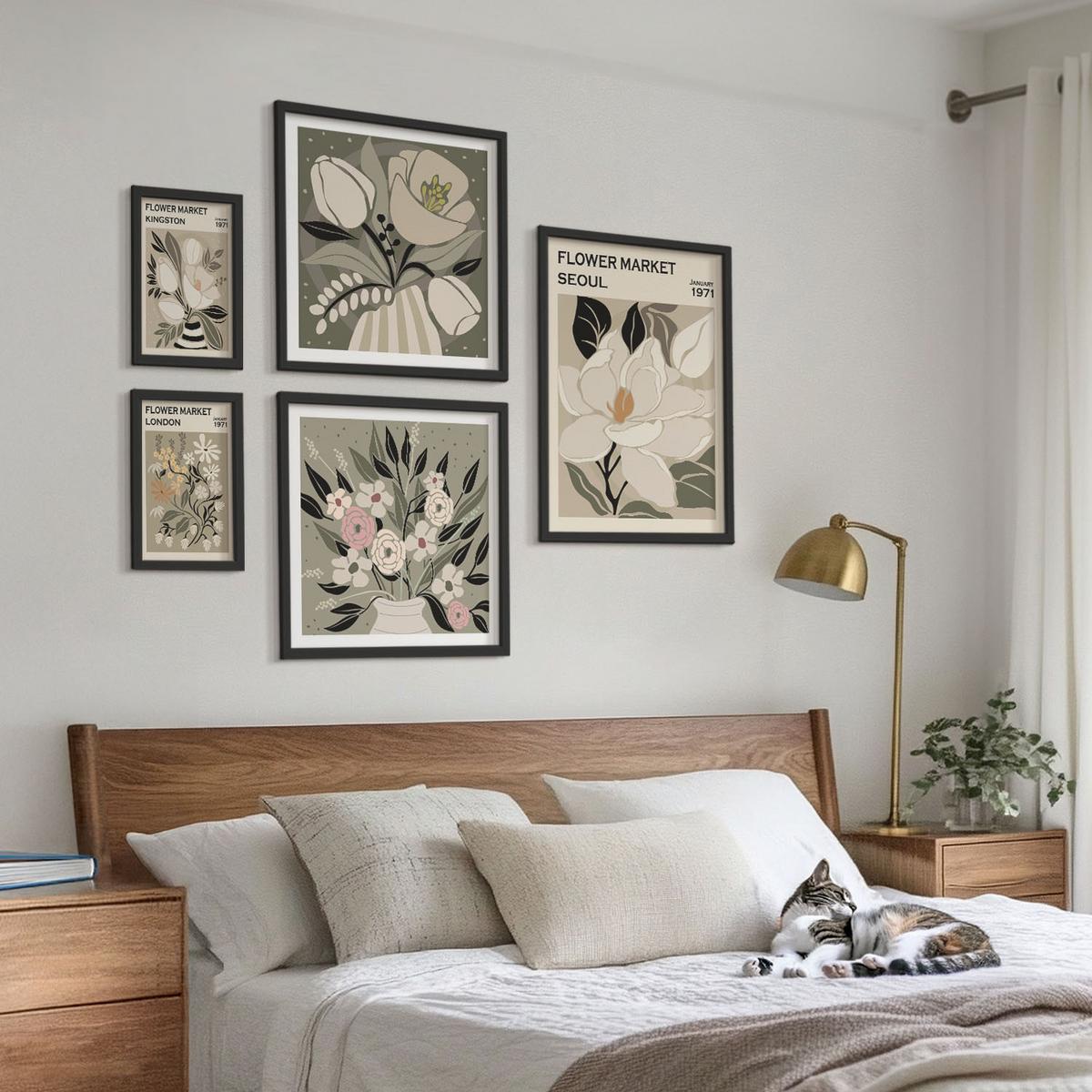 BILDER SET 5er Set - 50x50 cm & 20x30 cm & 40x60 cm Schwarzer Rahmen - Retro-Blumen aus Städten rund um die Welt - Schwarz, Kunststoff (40/60cm) - TULUP