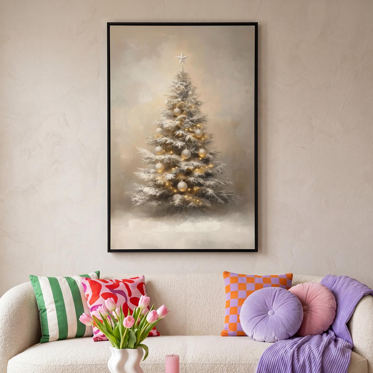 LEINWAND Bilder mit Rahmen - Weihnachten - Weihnachtsbaum - Schnee - Kunst - 100x150 - Champagner, Textil (100/150cm) - MuchoWow