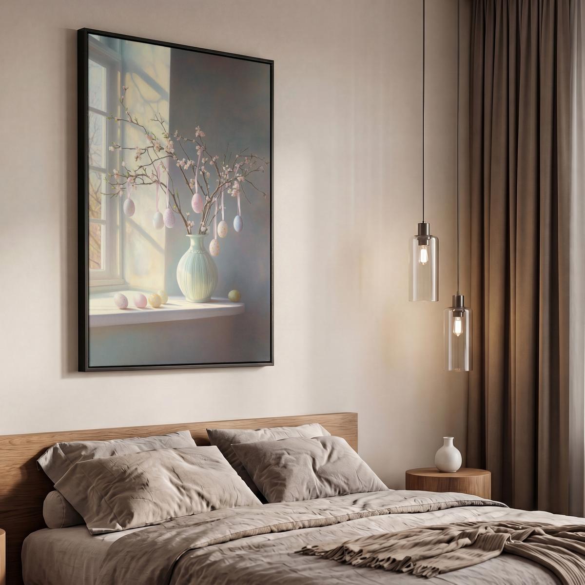LEINWAND Bilder mit Rahmen - Stillleben - Vase - Osterzweig - 60x90 - Hellblau, Textil (60/90cm) - MuchoWow