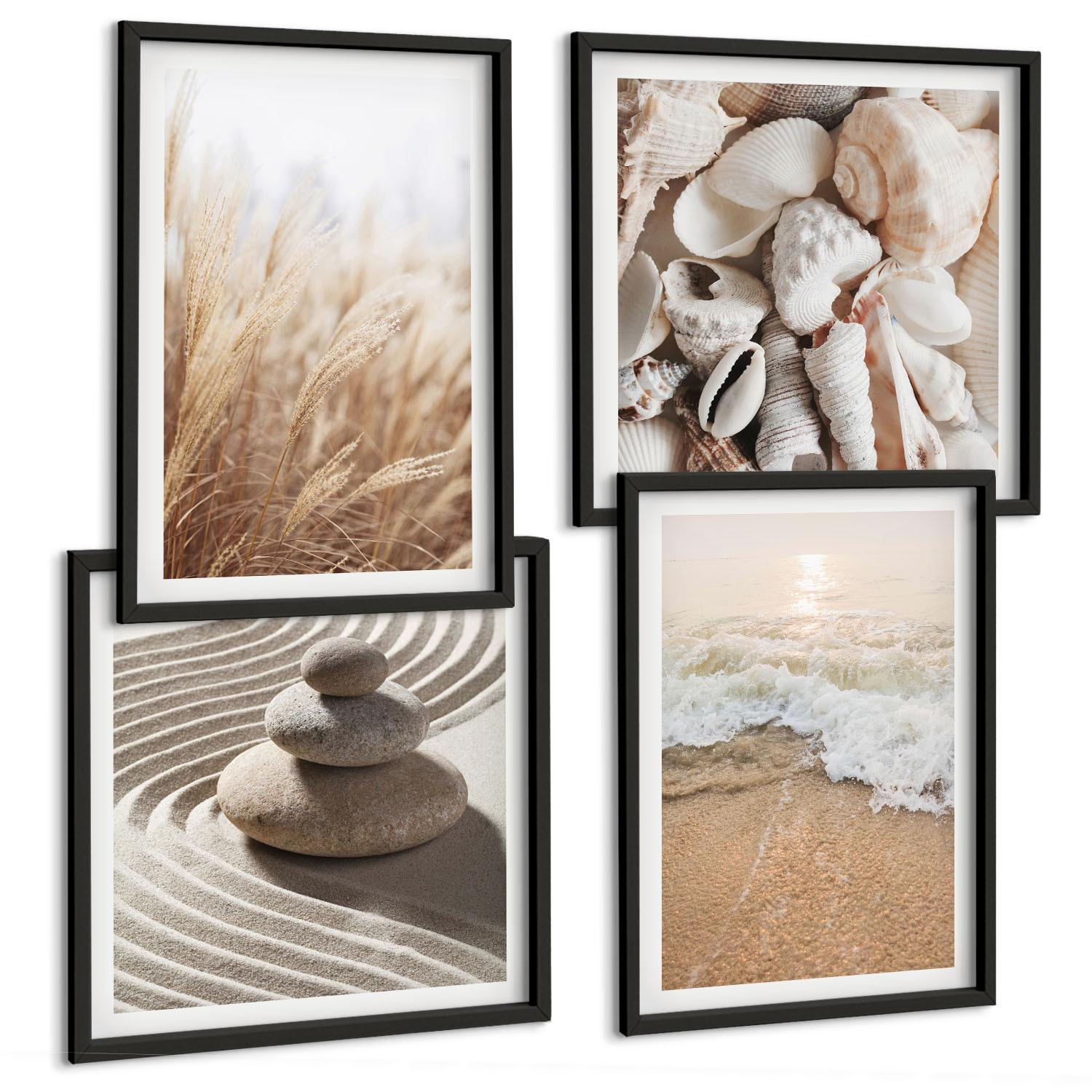 BILDER SET 4er Set - 50x50 cm & 40x60 cm Schwarzer Rahmen - Strandmotive, Muscheln, Wellen - Schwarz, Kunststoff (50/50cm) - TULUP